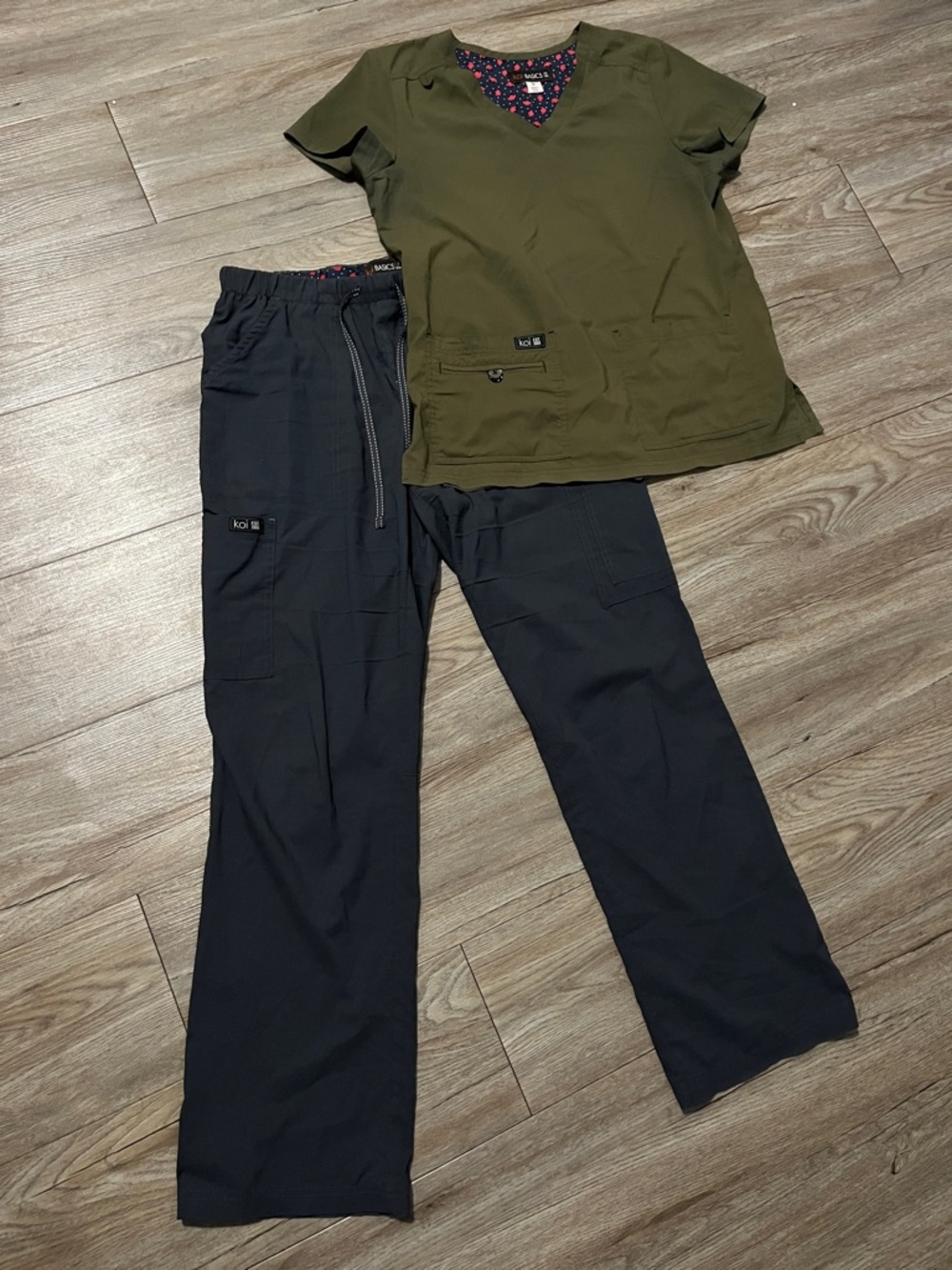 koi Set Olive Green Top with Grey Cargo Scrub Pants